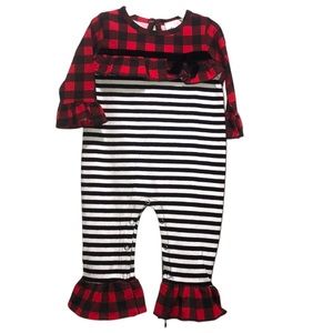 Holiday Buffalo Plaid Red & Black Stripe Ruffled onesie Size 6M